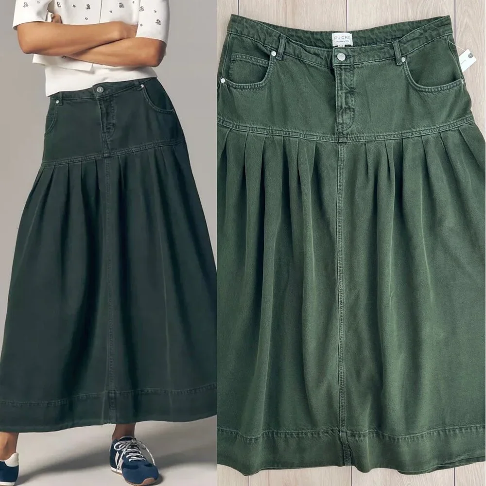 NWT Anthropologie Pilcro Pleated Basque-Waist Olive Green Denim Midi Skirt Sz 16 - Picture 1 of 14